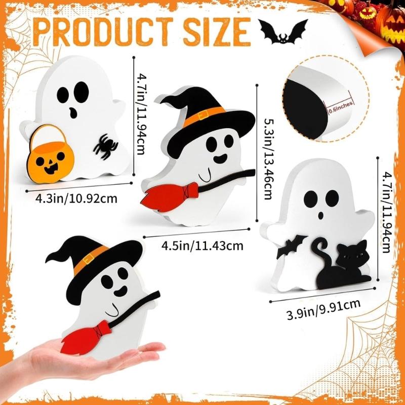 Set Of 3 Halloween Wood Specters Figures Ornament Table Signs for Tiered Tray and Shelf Decoration Desktop Adorment