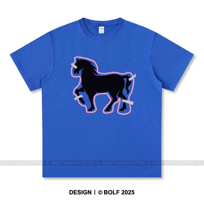 Women's Paper-Cut Art Horse Printed T-Shirt 100% Cotton Oversized Folk Graphic Tees for Men Summer Tops Cultural Streetwear
