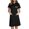 Women's Casual Workwear Solid Color V Neck Short Sleeved Button Pocket Loose Caregiver Dress