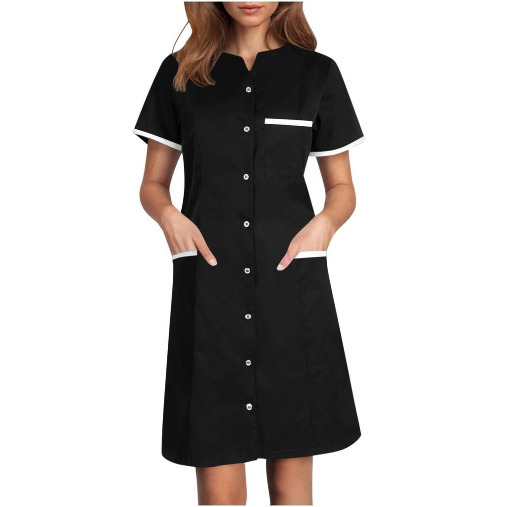 Women's Casual Workwear Solid Color V Neck Short Sleeved Button Pocket Loose Caregiver Dress