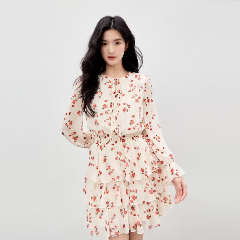 Qiushui Yiren Floral V-Neck Tiered Midi Dress M