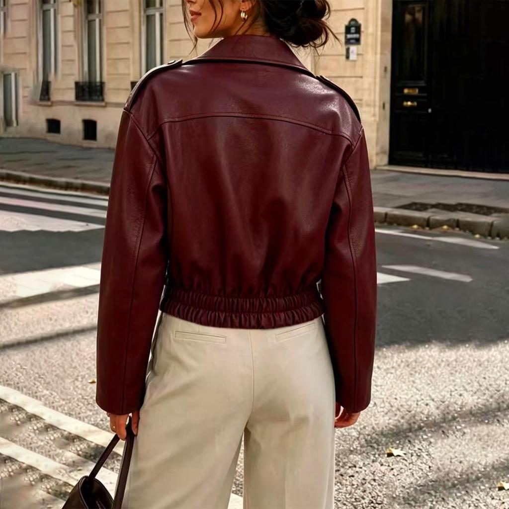 Giacca Corta Casual da Donna in Pelle con Collo a Revers e Chiusura Lampo per Uso Quotidiano