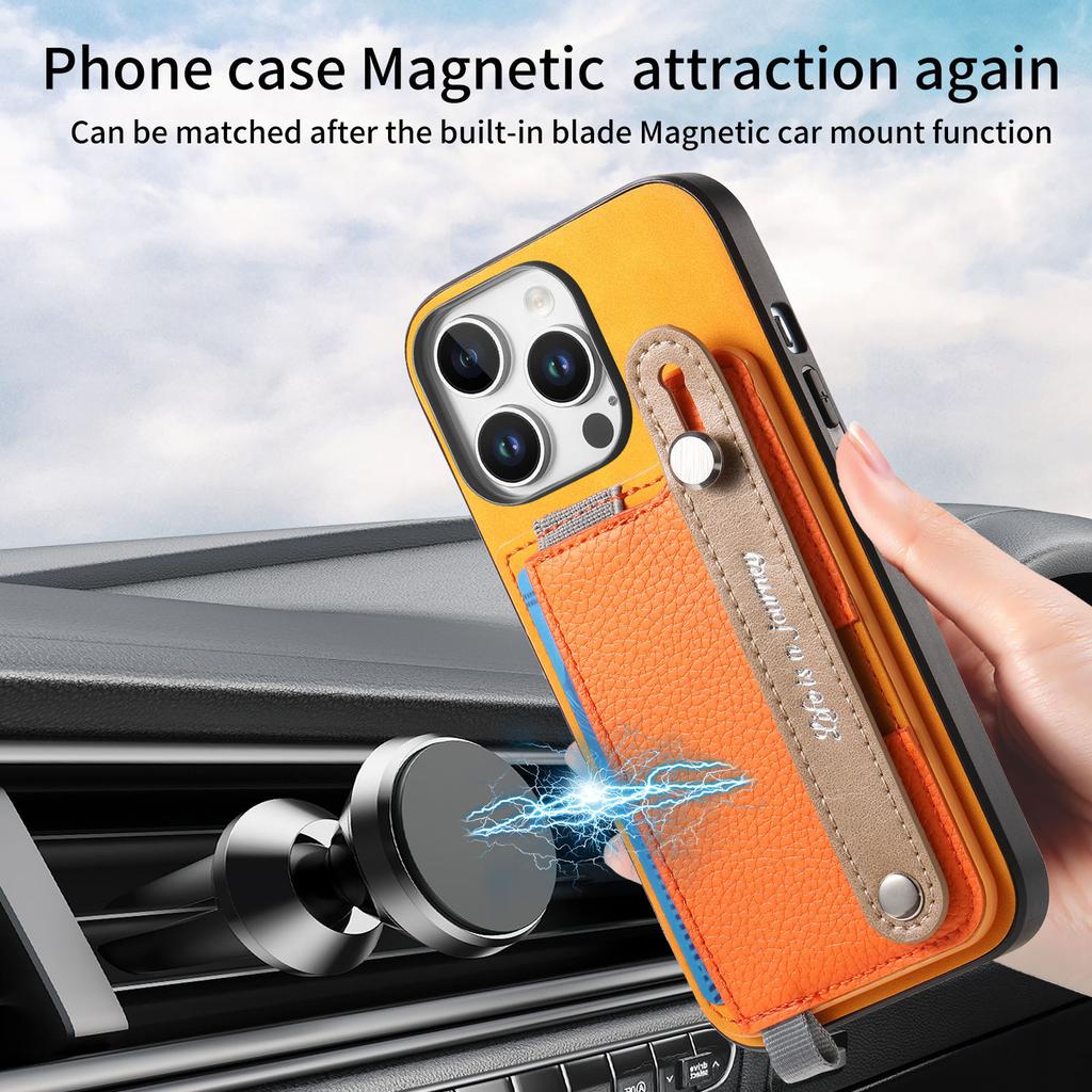 For iPhone 16 Pro Magnetic Leather Back Case with Detachable Card Holder and Wristband