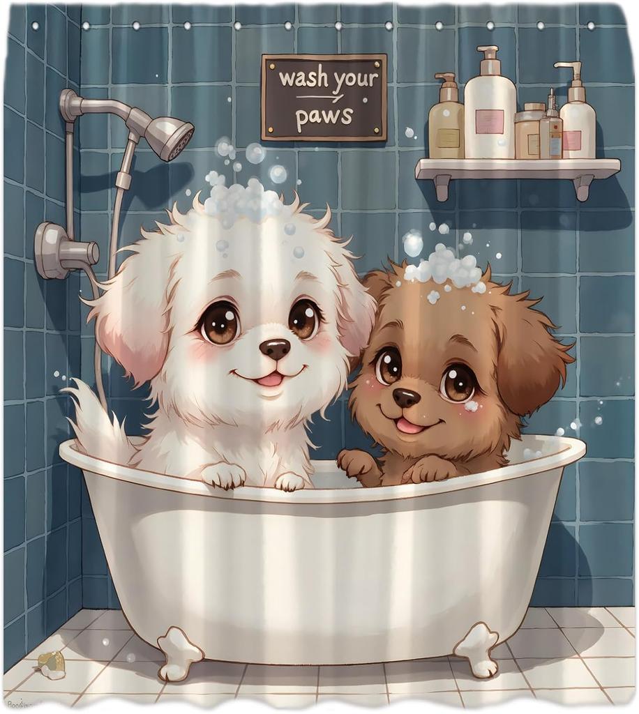 Funny Dog Shower Curtain Bathing In Bathtub Bubbles Cute Puppy Pets Rustic Animals Cartoon Polyester Fabric Bath Curtain 90x180