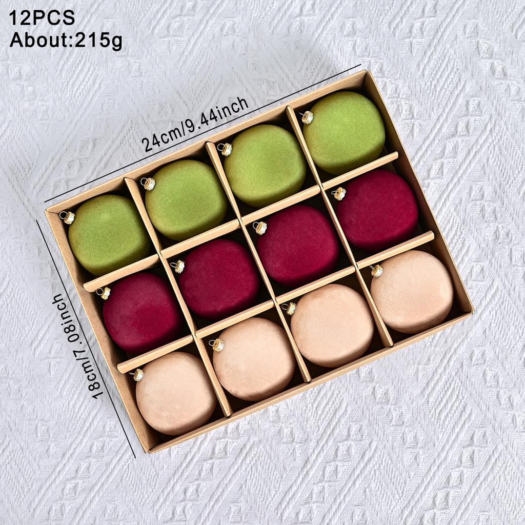 12pcs Flocked Christmas Tree Ball Velvet Christmas Pendant Ornaments Xmas Tree Hanging Balls New Year Party Plush Balls Decor