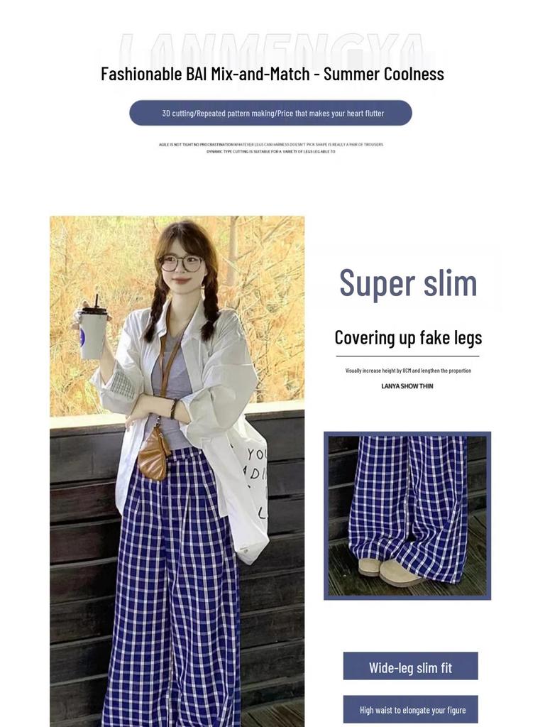 Lu Si Blue Plaid High-Waist Loose Straight-Leg Petite Women's Summer Pants, XS