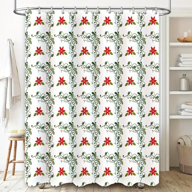 Red Floral Shower Curtain Printed with Green Vine Pattern Decorate Your Bath in Style