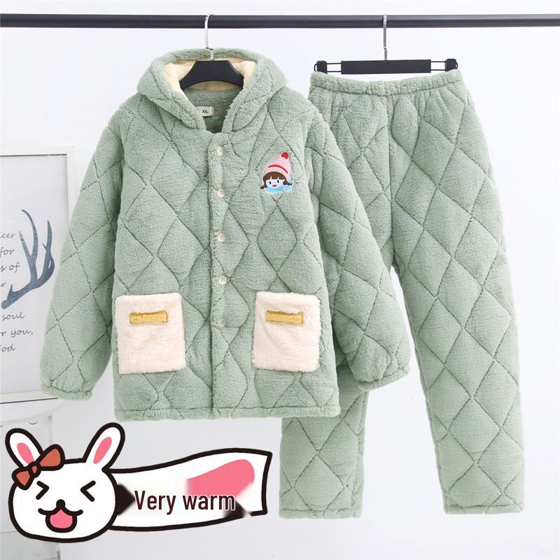 Women's Thick Flannel Pajamas - Plus Size, Wearable Outside or At Home, Autumn/Winter Set