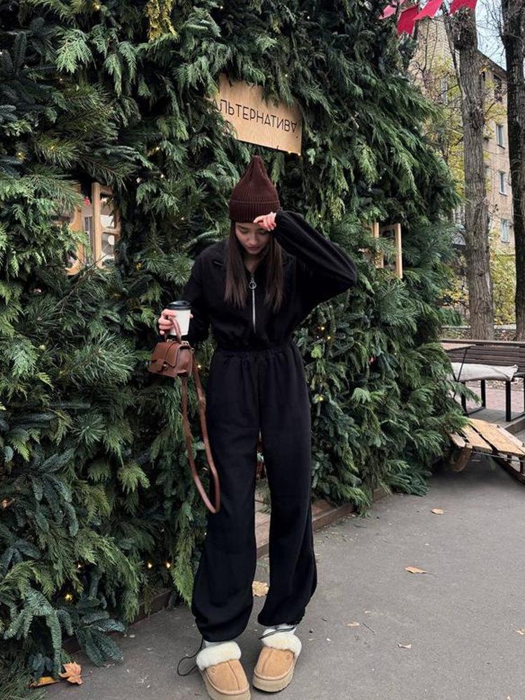 Spring/Autumn Women's Fashion Long Sleeve Jumpsuit - Casual Half-Open Neck, Elastic Waist Set