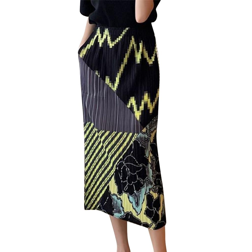 Ladies' Fashionable Midi Skirt With Pleated Print And Elastic Waist, Mid Length Skirt