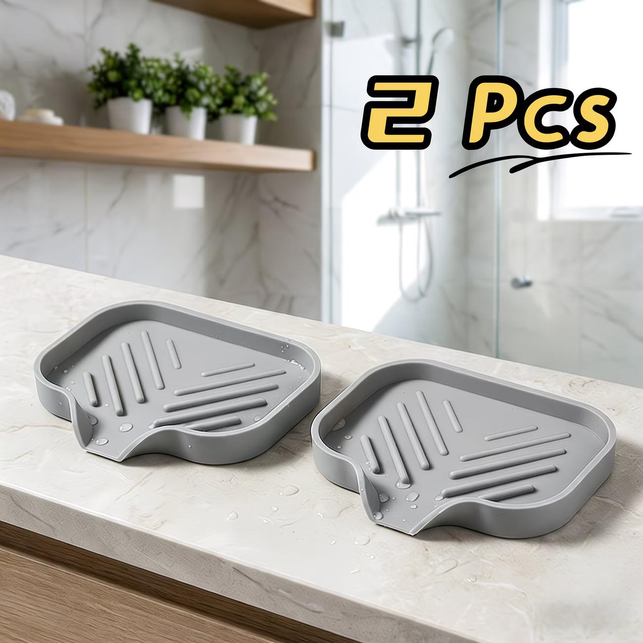2pcs Silicone Soap Dish with Self-Draining Spout, Multi-Purpose Kitchen Bathroom Sink Organizer Tray for Bar Soap, Sponge