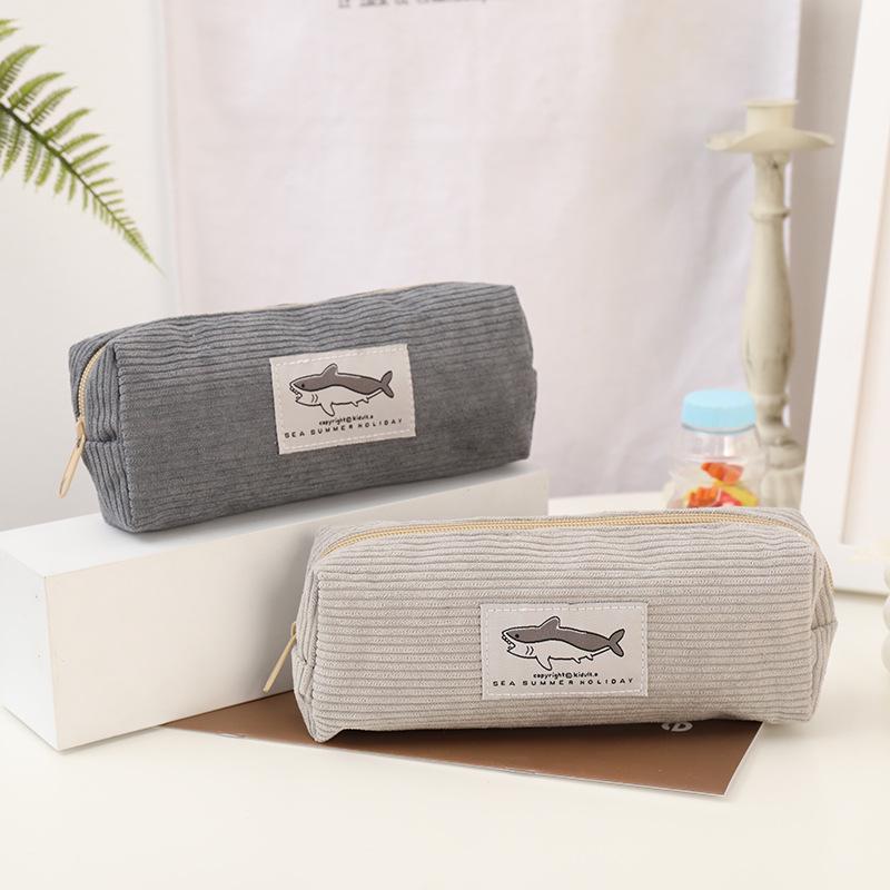 Stylish Shark Corduroy Pencil Case, Unisex Korean Design, Stain-Resistant, Large Capacity