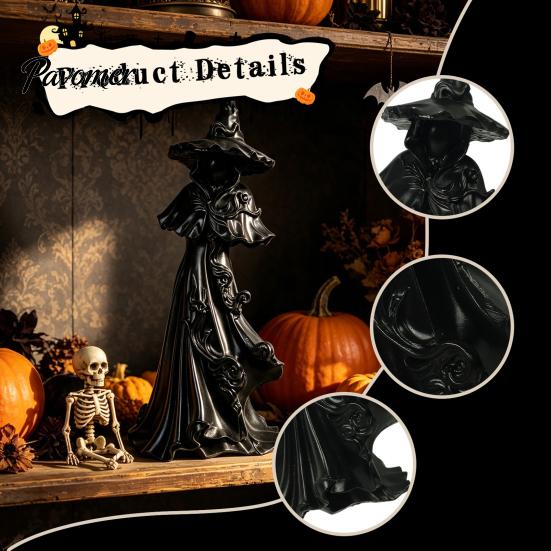 Dark Aesthetic Shelf Ornaments 12 Inch Black Resin Faceless Witch Figurine, Gothic Spooky Robed Statue with Halloween Party Centerpieces Pointed
