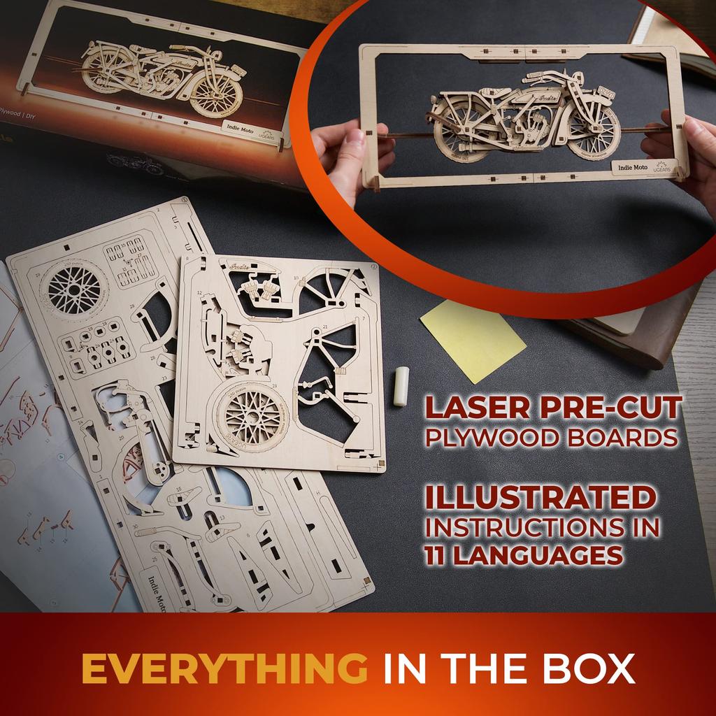 Ugears Indie Moto Wooden 3D 3D Easy Beginner Assembly No Glue 42 Estimated Assembly 30 Minutes 2.5D Puzzle, Puzzle, Puzzle, Puzzle, Kit, Vehicle,