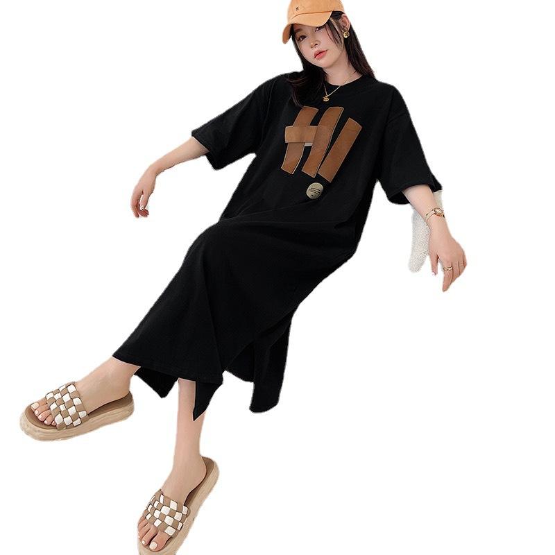 Summer new Korean version printed large t-shirt women's medium and long knee loose large size lazy split dress long dress