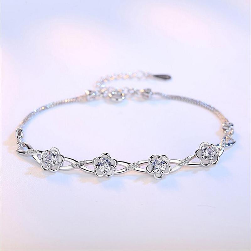 Luxury 925 Silver Bracelets Purple White Zirconia Plum Flower Bracelets & Bangles For Women Pulseira De Prata S-B51