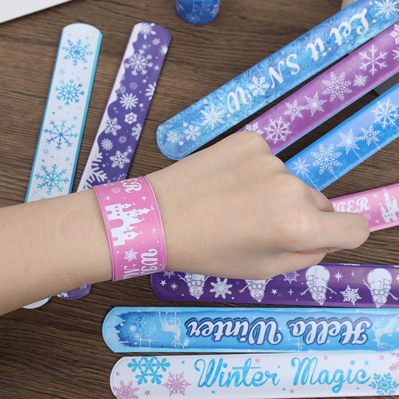 12Pcs Frozen Party Snowflake Slap Bracelets Kids Birthday Party Favors Goodie Pinata Fillers 2025 Winter Christmas Party Gifts
