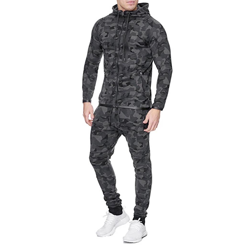 Men's  Print Zipper Sweatshirt Hooded Top Pants Sets Sports Suit Tracksuit