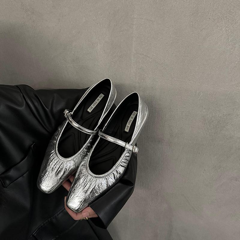 

2025 Весенние серебристые женские туфли Мэри Джейн Комфорт Уличный стиль Мягкая подошва Женские туфли-балетки для платья 35 серебряный