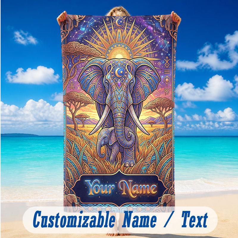 Elephant Theme Beach Towel Personalized Custom Name & Text Soft Quick Dry Beach Towel for Swimming Travel