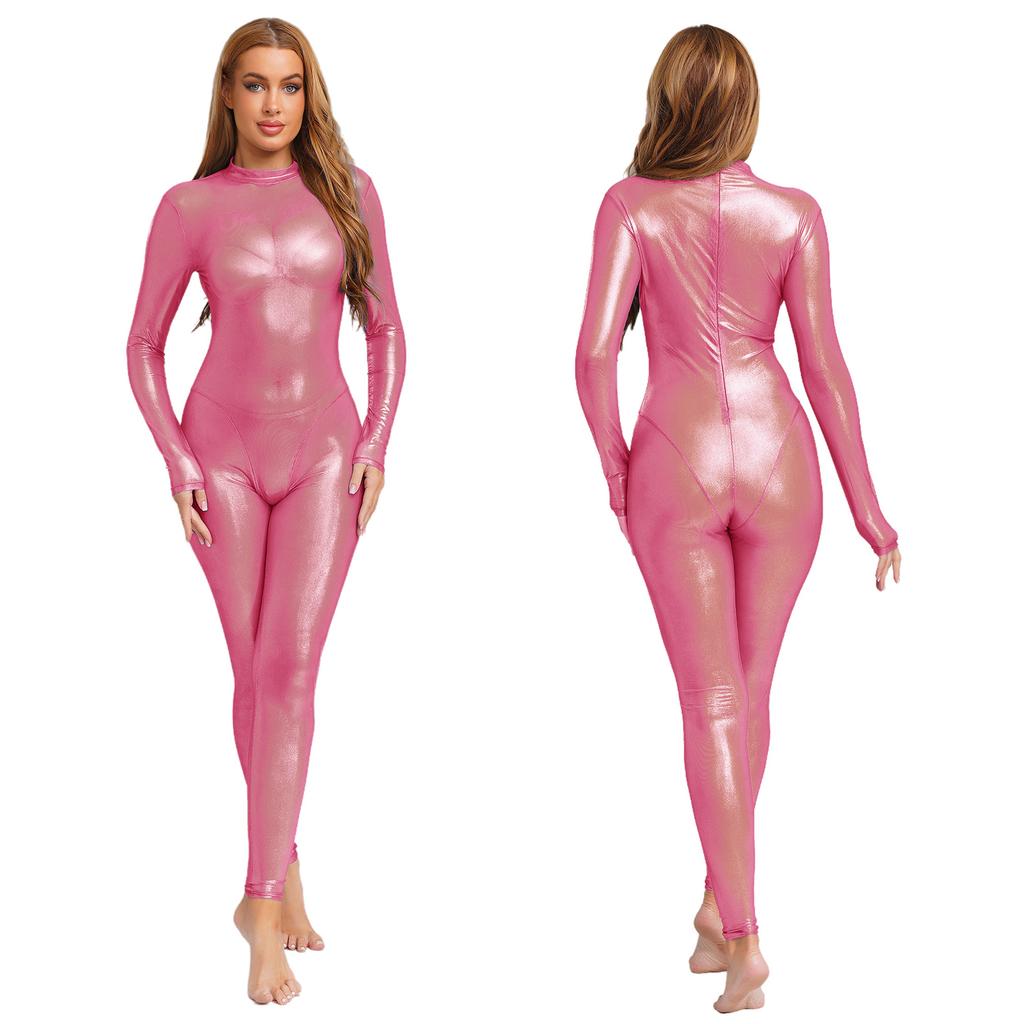 Womens Metallic Shiny Full Body Unitard Long Sleeve Long Pants Back Zipper Catsuit Bodysuit Leggings Tights Sheer Jumpsuit Clubwear Nightwear