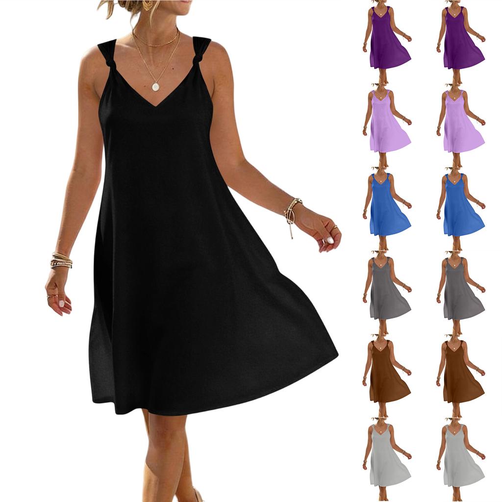 Vestido Casual de Verano para Mujer sin Mangas, Cuello en V, Tirantes de Corbata, Corte Holgado, Línea A, Diseño Sencillo de Color Sólido, Tejido Ligero