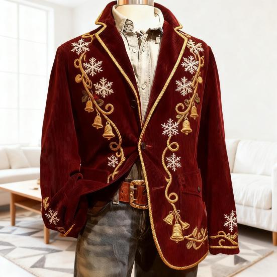 Pánské manšestrové sako Jednořadé sako Klopa Dlouhý rukáv 3D Vánoční tématický potisk Slim Fit Sako Formální jevištní oblečení