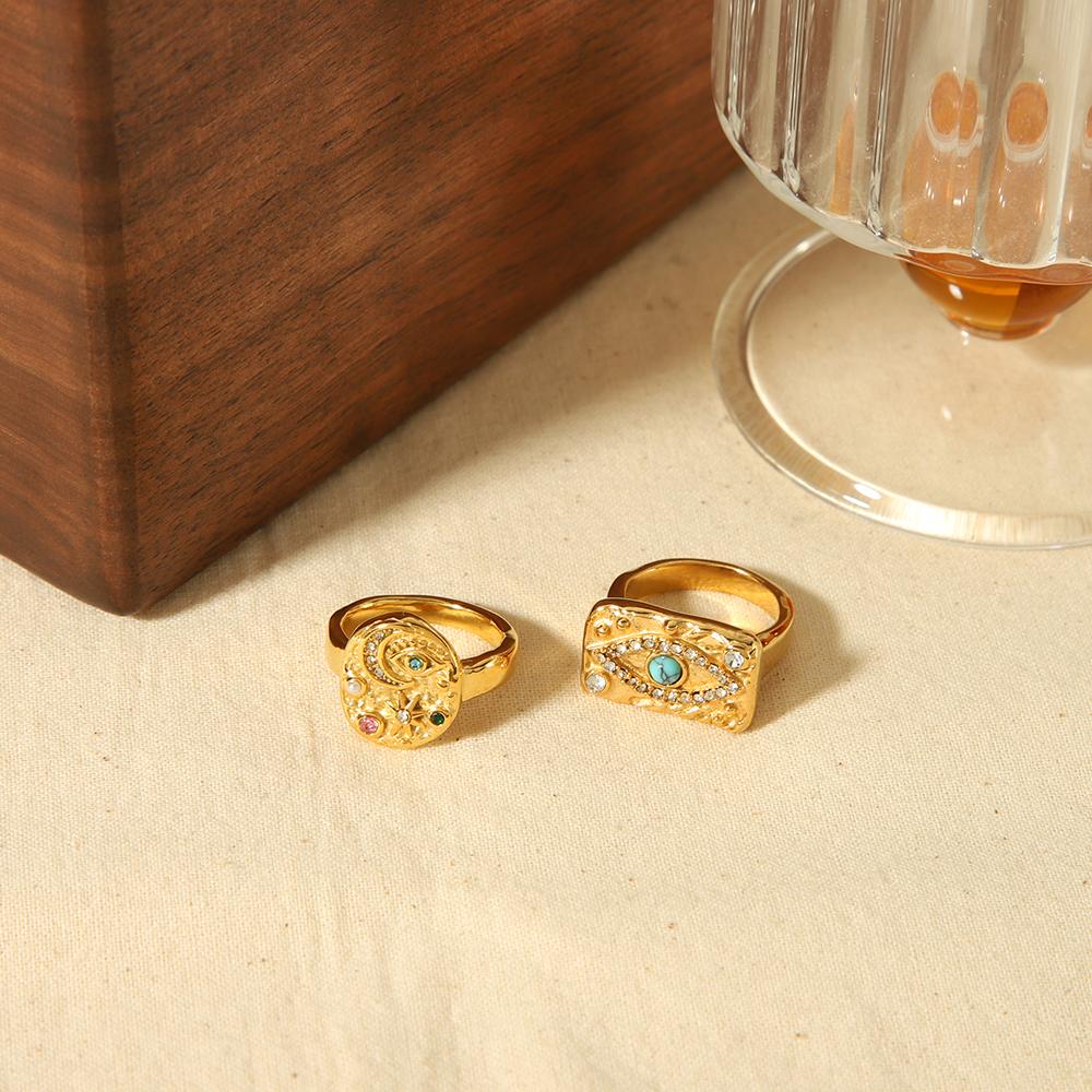 Dainty 18K Gold Plated Stainless Steel Turquoise Zircon Rings Lava Hammered Texture Evil Eyes Rectangle Rings Jewelry