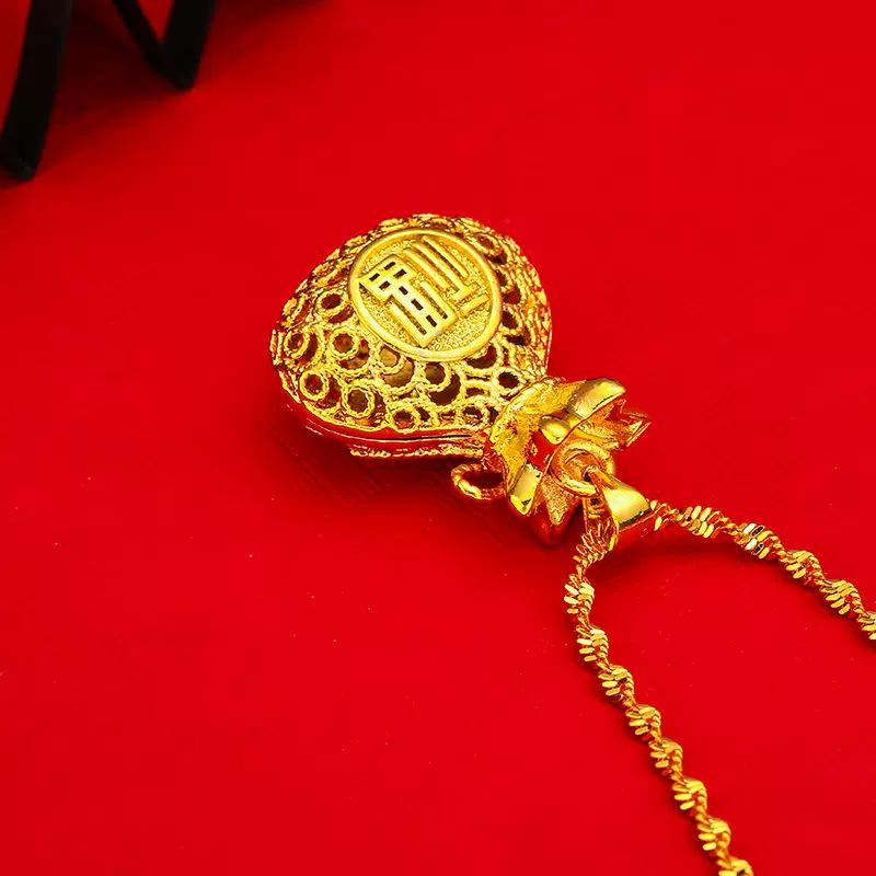 Vintage Gold-Plated Brass Filigree Money Bag Pendant Necklace