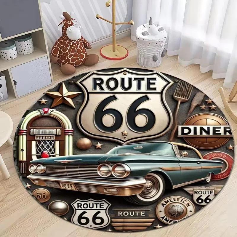 Route 66 Mother Road Print Round Rug Balcony Hallway Rugs Non Slip Washable American Automobile Highway Circle Carpet Crawl Mat