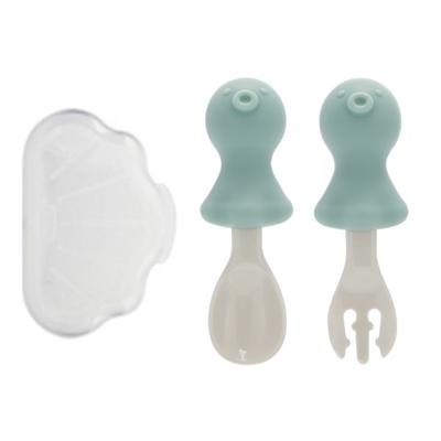 Edison Baby-Oktopus selbstlenkendes Silikon-Löffel + Gabel + Etui-Set, Minze, Beliebtes koreanisches Geschirr