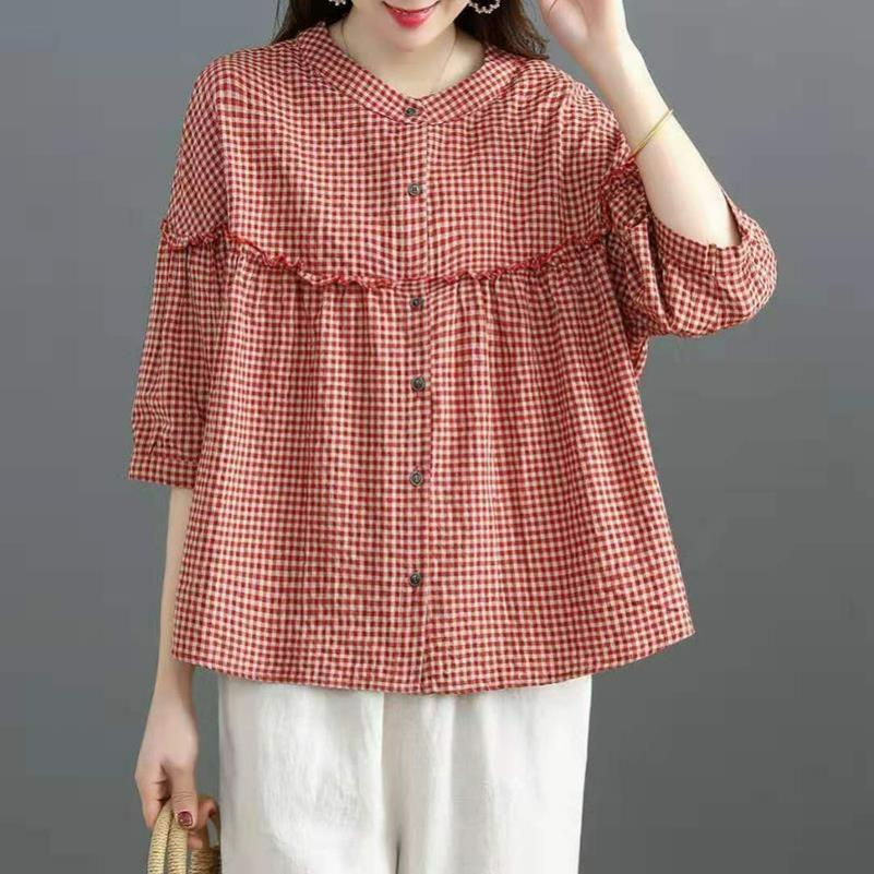 Imitation Cotton and Linen Shirt Women's Three-quarter Sleeve Loose Casual Large Size All-match Shirt Stand-up Collar Top