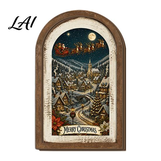 Vintage Christmas Home Decor Rustic Wooden Decoration Arched Window Frame Wall Decor Winter Xmas Holiday Party Table Sign Tabletop Ornament