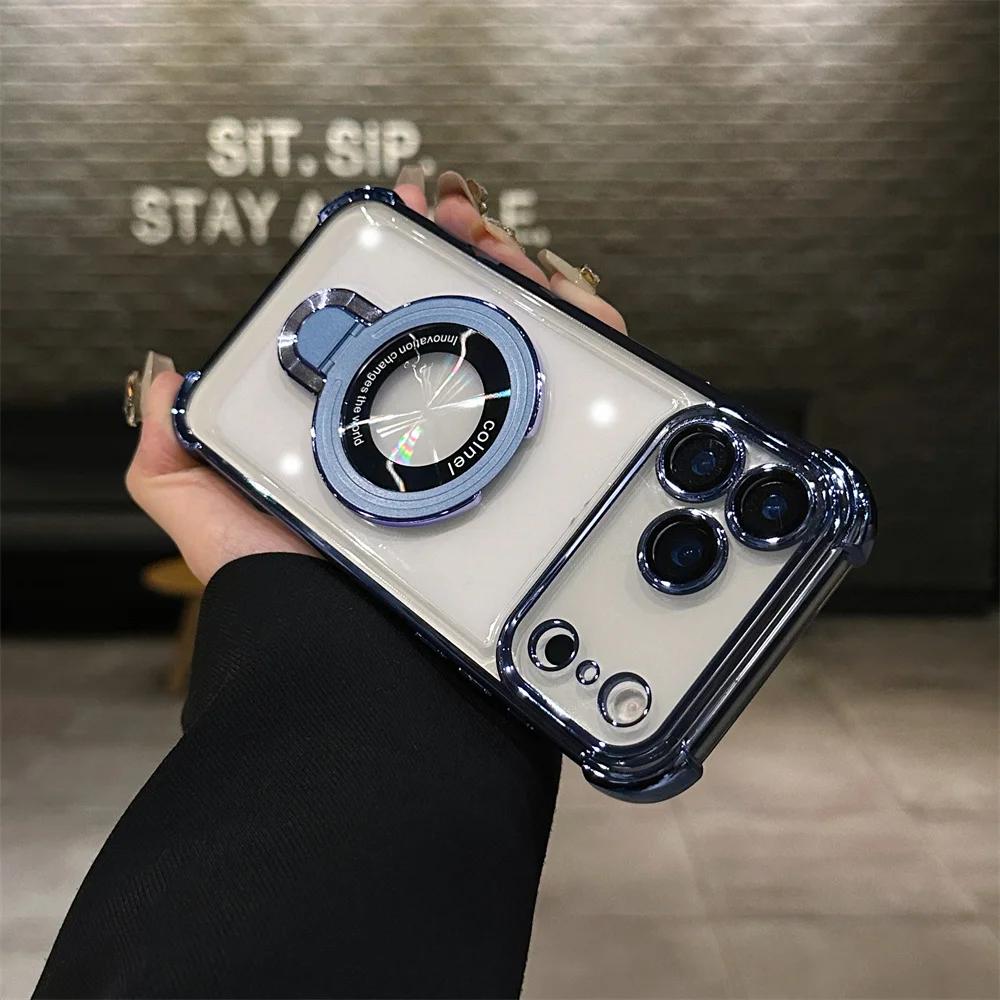 

Fashion Plating Armor Magnetic Bracket Transparent Cases For iPhone 17 Air 16 Pro Max Four Corner Airbag Enhance Anti-Drop Cover iPhone 16