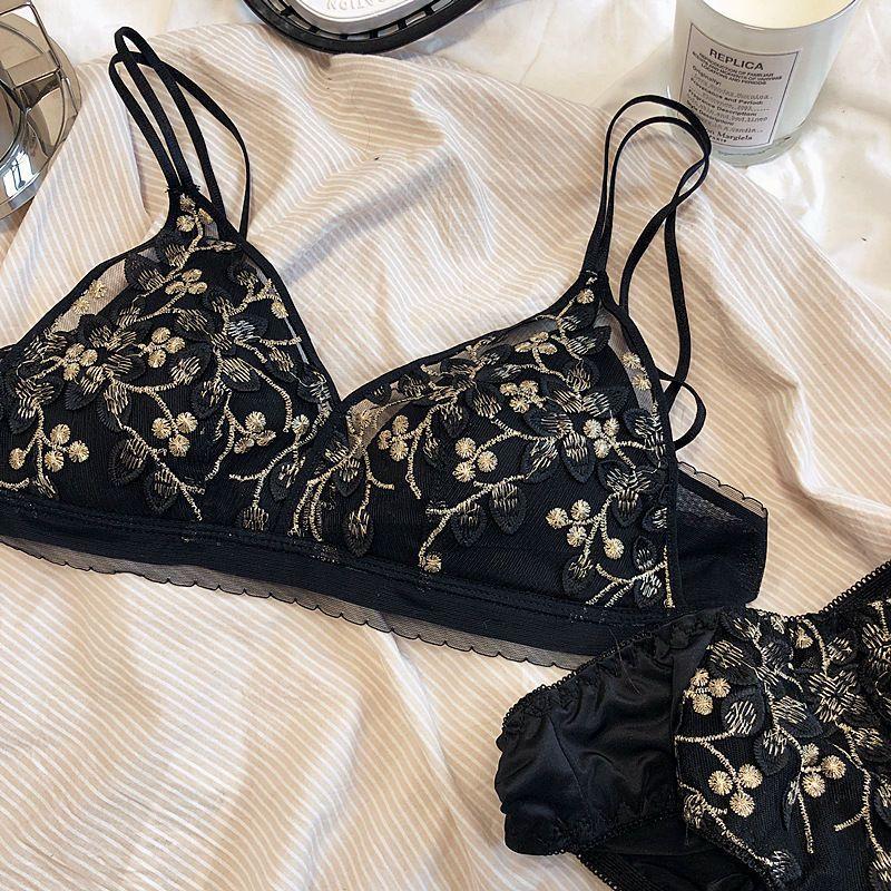 High-end new female sexy underwear embroidery without steel ring triangle cup thin upper support gathered to show small bra cover set