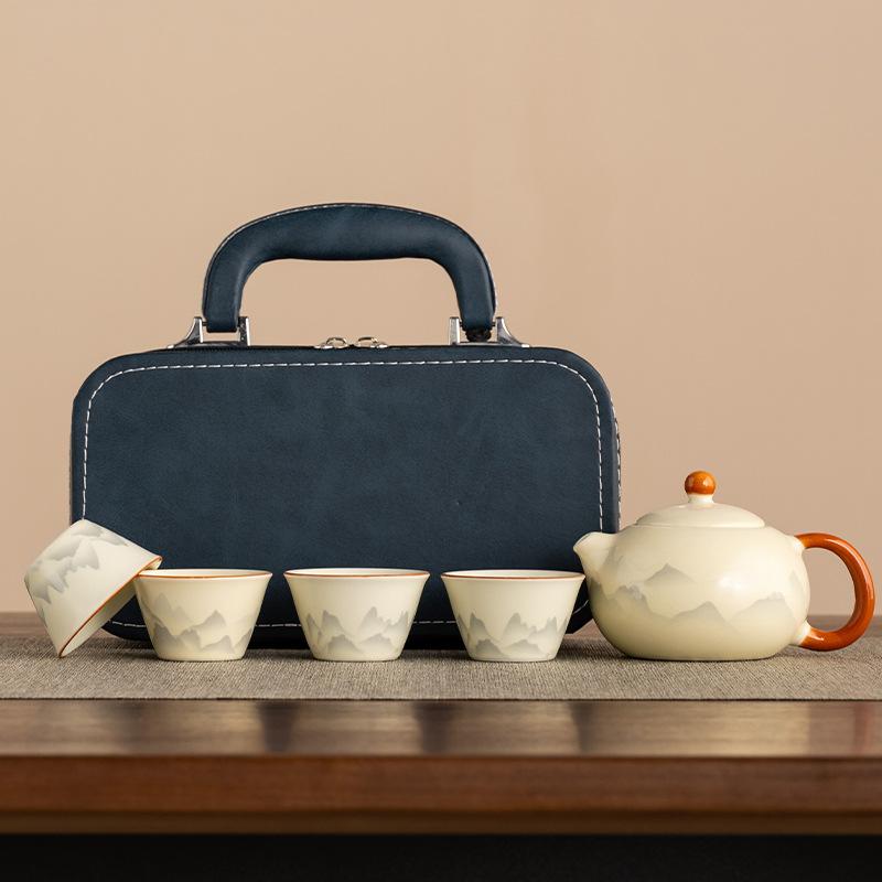 2025 New Huang Ru Kiln Travel Tea Set One Pot Four Cups Kung Fu Outdoor Portable Tea Drinking Tea Pot Tea Cup