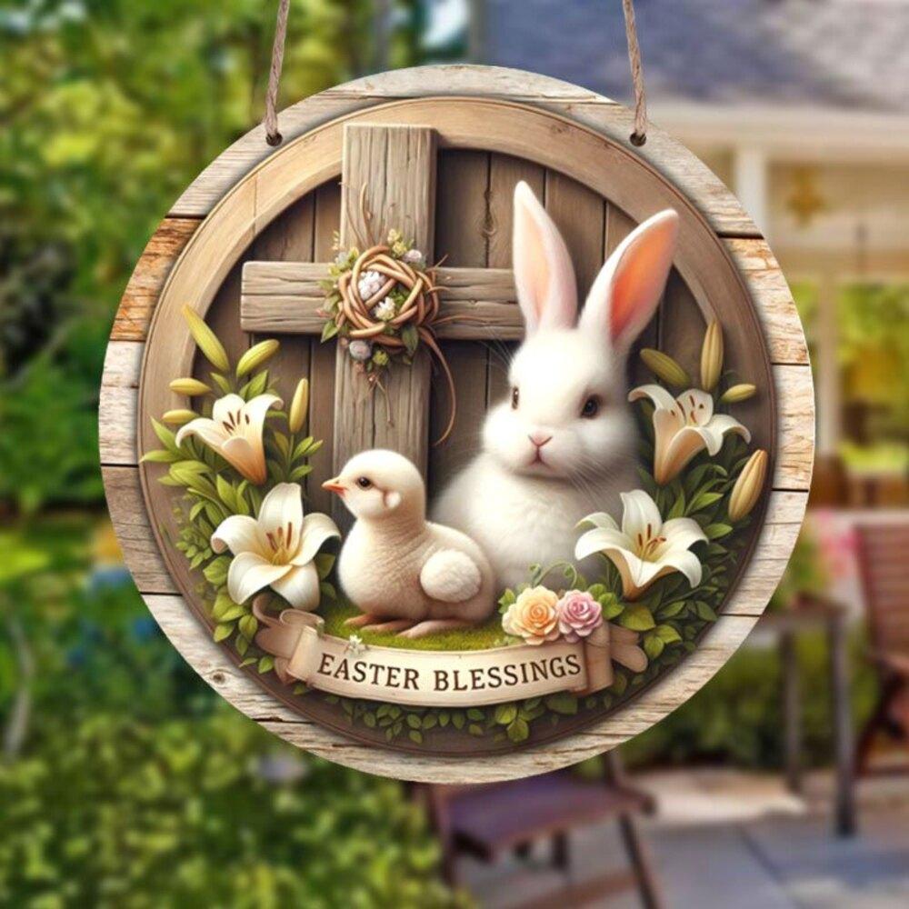 1 Piece of Farmhouse Wooden Easter Logo, 7.87 Inches X 7.87 Inches Round Sign, with Rabbits and Chickens, Festive Wall and Door