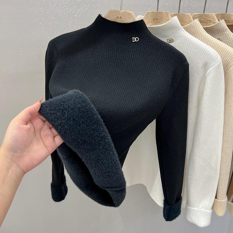One-piece Fleece Fabric Solid Color Fleece Thickened Bottoming Shirt Women's Autumn and Winter with Semi-turtleneck Knitted Sweater