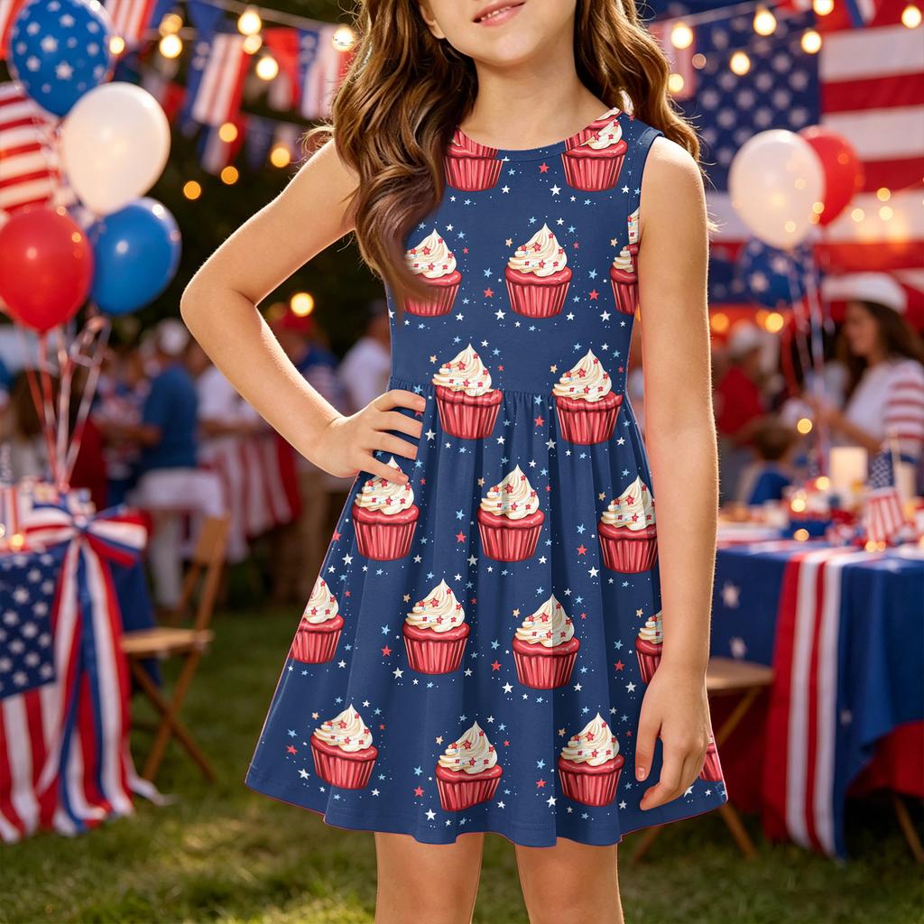 Girls' Summer Princess Dress - A-Line Vest Splice Dress Independence Day