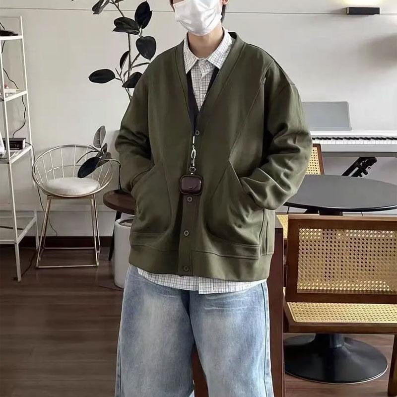 Basic Japan Style Einfarbige Jacken Herrenbekleidung Vintage V-Ausschnitt Herbst Neu Langarm Taschen Lässig Einreihige Mäntel