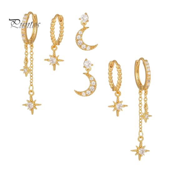 

3 пары женских сережек в форме луны и звезды с подвесками из меди и гальваническим покрытием, серьги-гвоздики со стразами для выпускного вечера, вечеринки, свидания, украшения для ушей золотистый