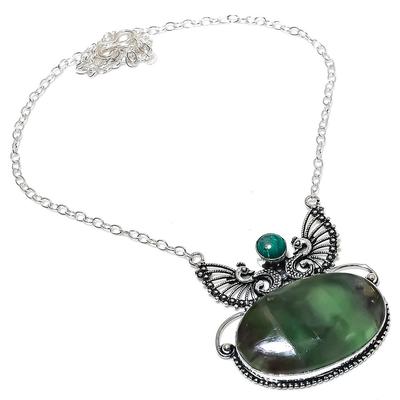 Natural Nepharite, Malachite Handmade 925 Sterling Silver Necklace 18" V3s96