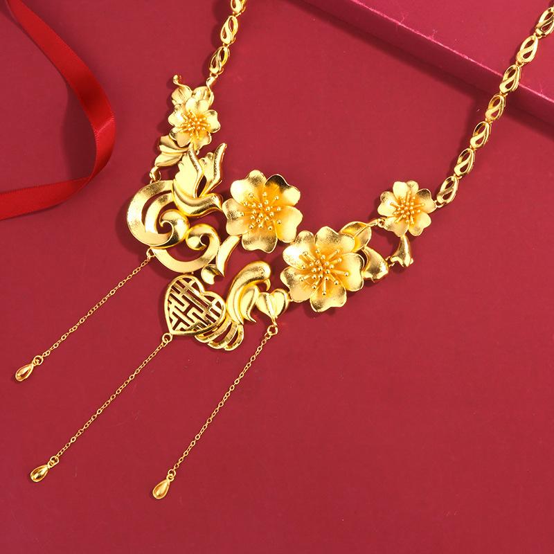 New Vietnamese gold-plated wedding necklace set, vintage ethnic style phoenix necklace for women, gold-plated and long-lasting
