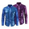 Men Performance Shirt Shiny Sequin Turn-down Collar Single-breasted Long Sleeves Buttons Satin Club Party Stage Show Shirt
