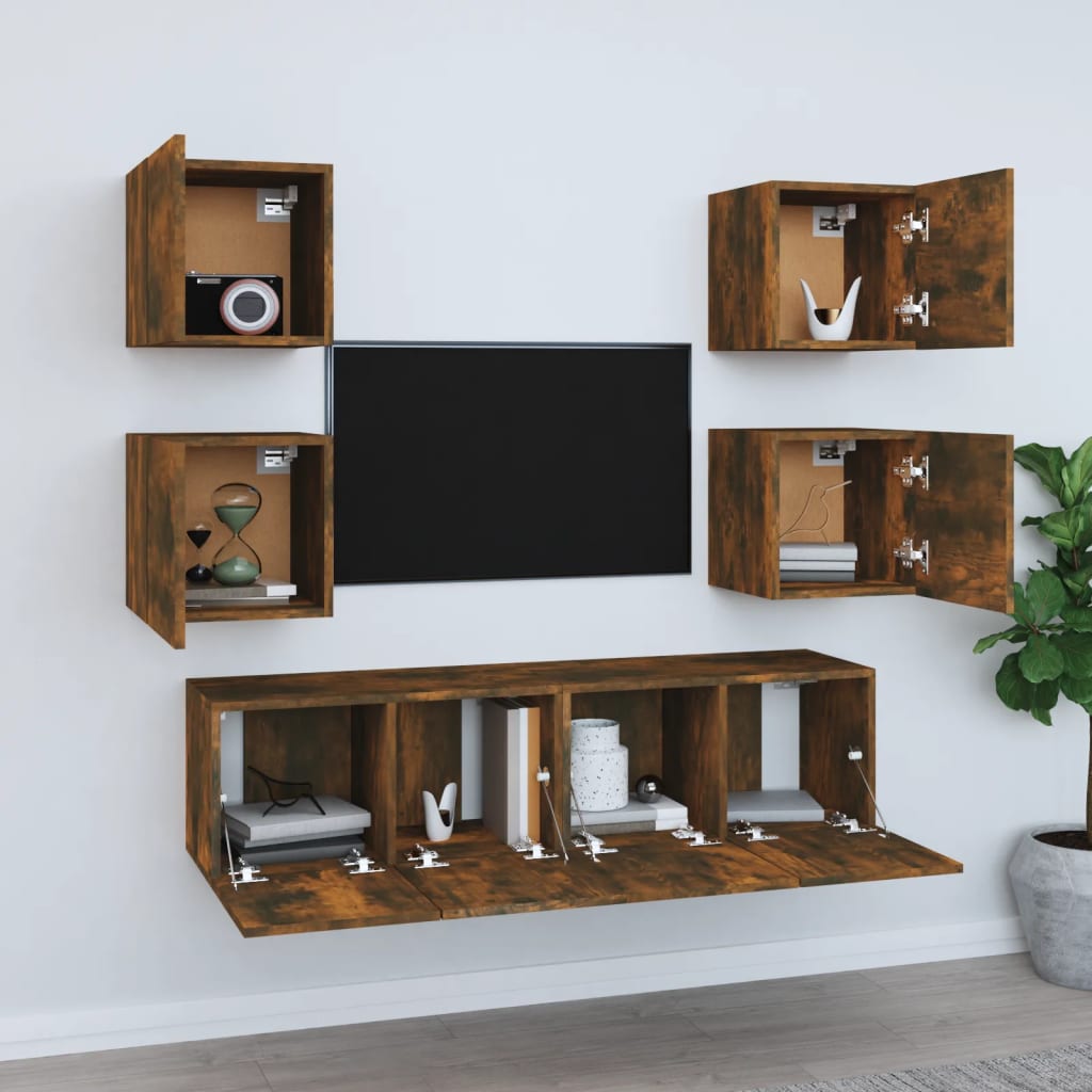 6 Piece TV Cabinet Set Smoked Oak Effect Particleboard