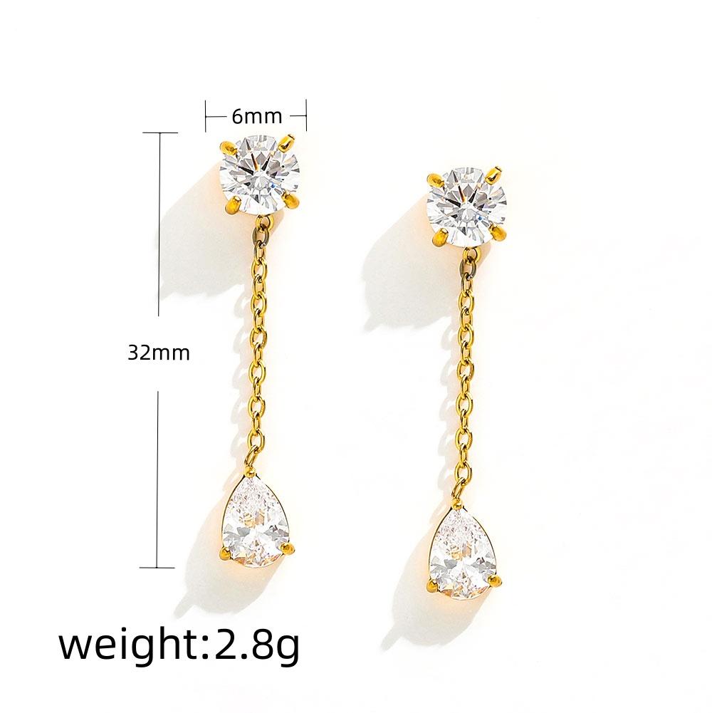 New Vintage 18k Gold Plated Stainless Steel Water Drop Zircon Pendant Chain Tassel Stud Earring Dainty Jewelry for Women