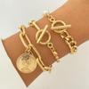 Punk Golden Metal Thick Chain Bracelets for Women Men Pentagram Heart Beads Pendant Charm Bracelet Set Fashion Jewelry