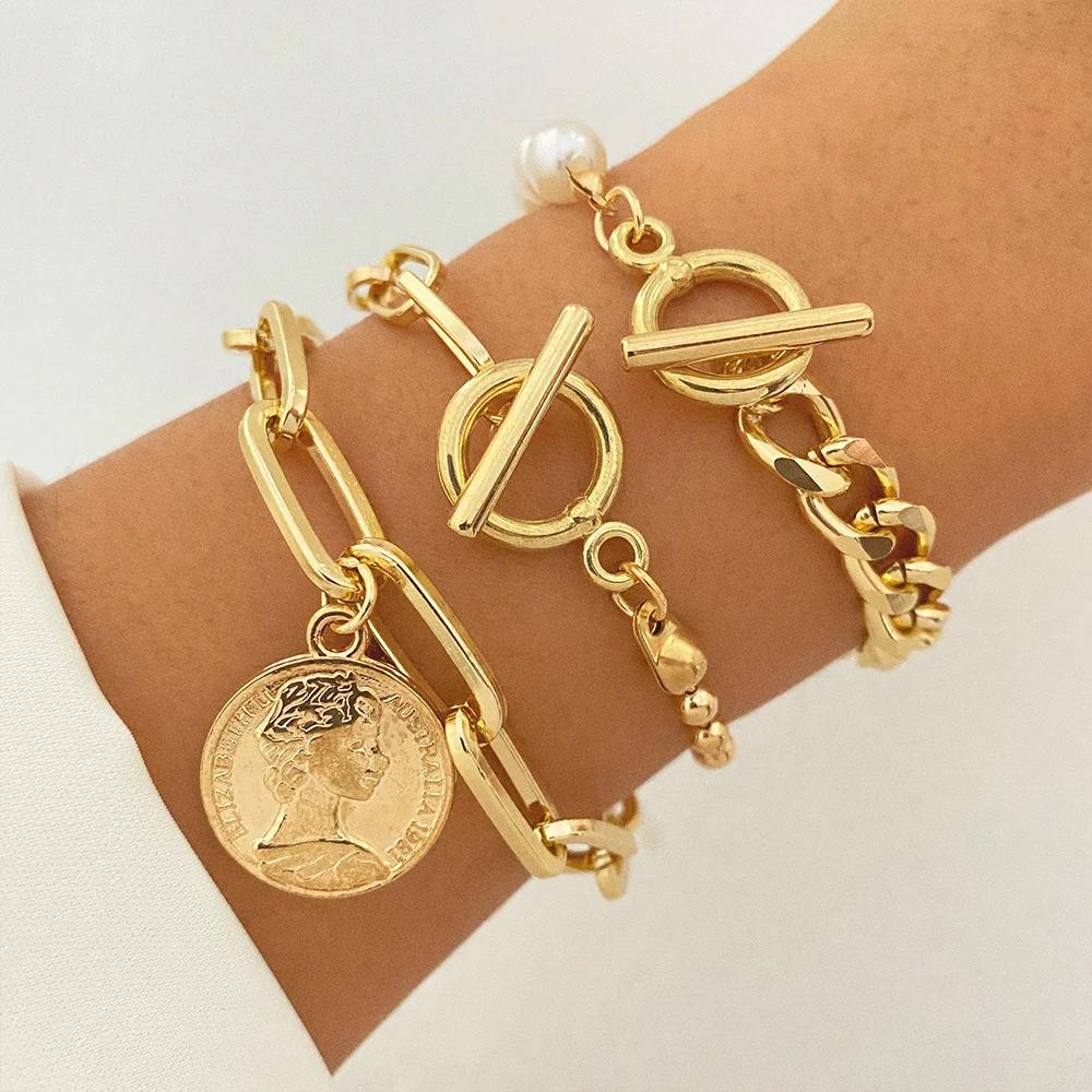Punk Golden Metal Thick Chain Bracelets for Women Men Pentagram Heart Beads Pendant Charm Bracelet Set Fashion Jewelry