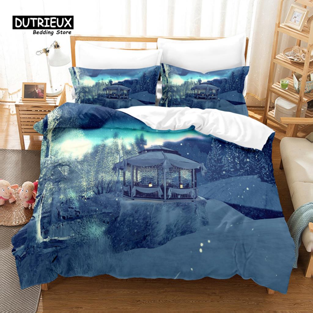 Snow Scene Hut Bedding Set, 3Pcs Duvet Cover Set, Soft Comfortable Breathable Duvet Cover, For Bedroom Guest Room Decor