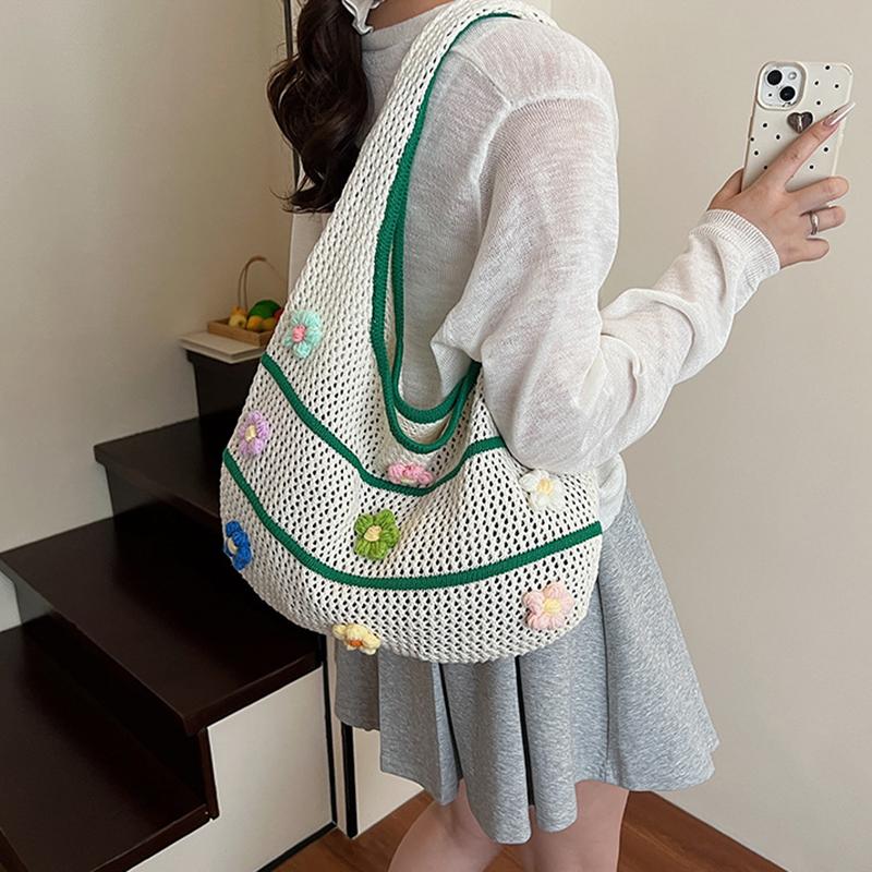 Fashion Knit Beach Bag for Women Large Capacity Summer Tote with 3D Floral Decor Girls Casual Shoulder Handbag Travel Bags KTB
